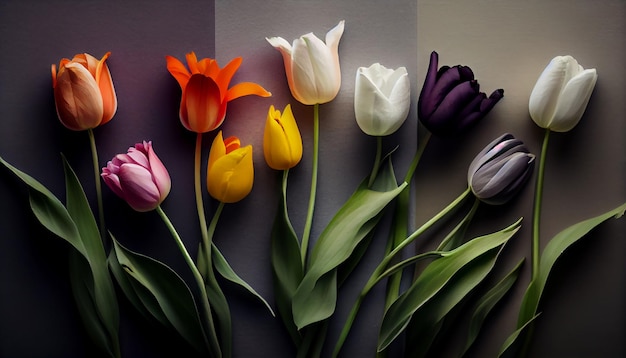 Bezpłatne zdjęcie tętniący życiem bukiet wielobarwnych tulipanów na zewnątrz, wygenerowany przez sztuczną inteligencję