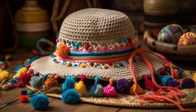 Tkana wełniana czapka z pamiątkami z dekoracji rdzennej kultury wygenerowana przez sztuczną inteligencję