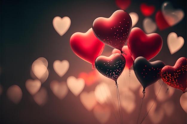 Tło balonu z czerwonym sercem z błyszczącymi kształtami bokeh na wstążkach Koncepcja projektu na przyjęcie urodzinowe lub wesele w Walentynki