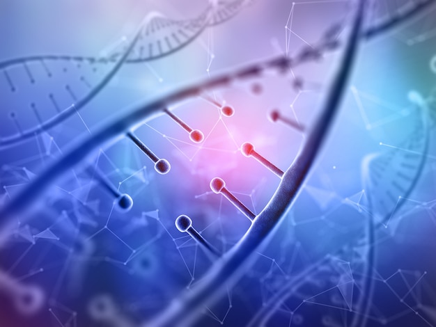 Tło medyczne 3D z bliska nici DNA na niskiej konstrukcji poli