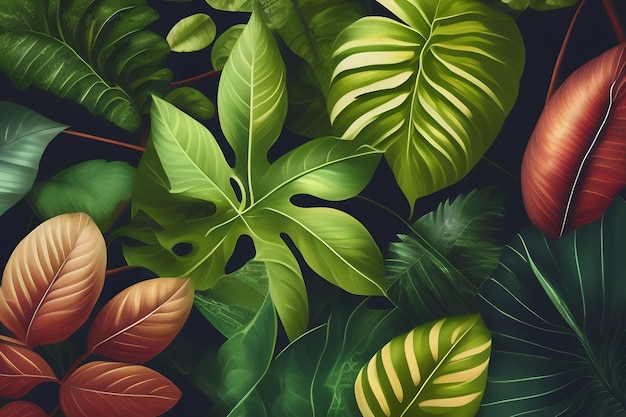 Tło roślin tropikalnych z liśćmi i napisem „dżungla” na nim.