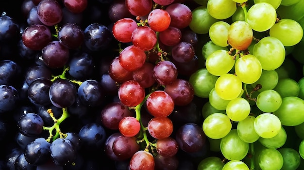 Tło świeżych winogron ułożonych razem reprezentujących koncepcję diety zdrowotnej Widok z góry Generative Ai