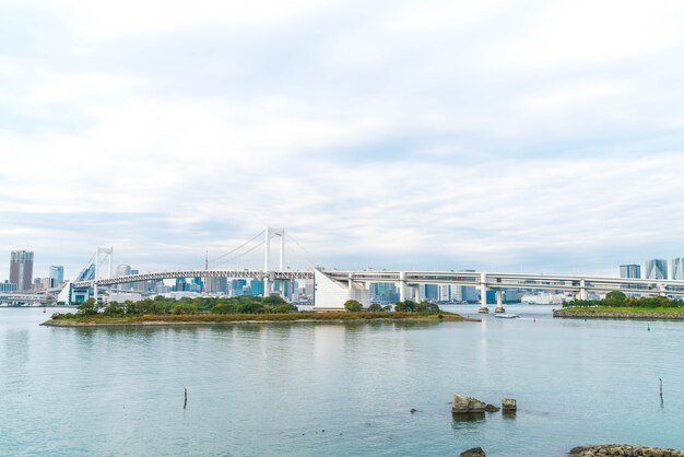 Tokyo panorama z wieżą Tokio i tęczy mostu.