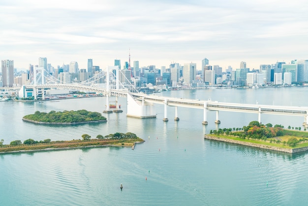 Bezpłatne zdjęcie tokyo panorama z wieżą tokio i tęczy mostu.
