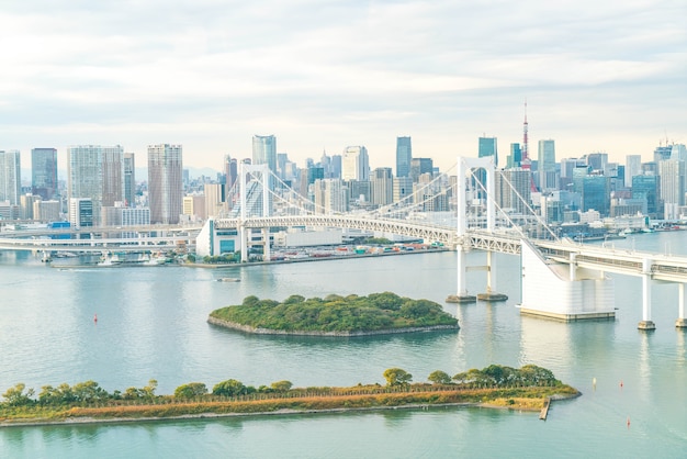 Bezpłatne zdjęcie tokyo panorama z wieżą tokio i tęczy mostu.