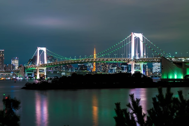 Tokyo panorama z wieżą Tokio i tęczy mostu.