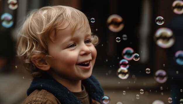 Bezpłatne zdjęcie toothy smile dmuchanie baniek beztroska dziecięca zabawa generowana przez sztuczną inteligencję