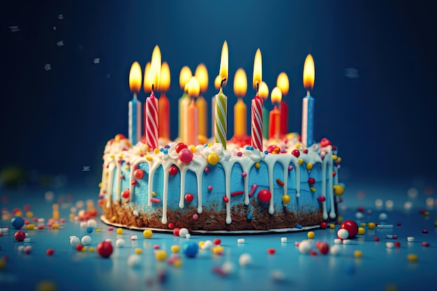 Tort urodzinowy z kolorowymi świeczkami na niebieskim tle Ai generatywny