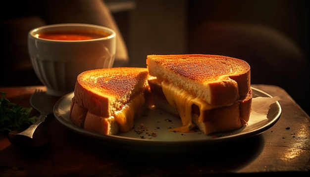 Tostowa kanapka dla smakoszy na rustykalnym drewnianym talerzu wygenerowana przez sztuczną inteligencję