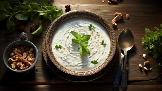Tradycyjna zupa jogurtowa ozdobiona grubymi liśćmi mięty i tłustą zupą kuchni tureckiej na drewnianym