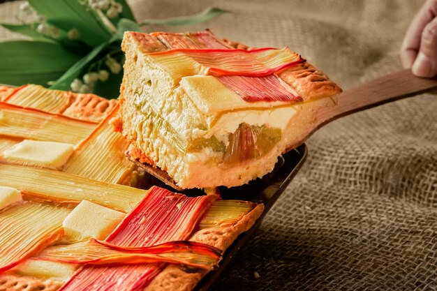 Tradycyjne organiczne skandynawskie ciasto rabarbarowe Zbliżenie miękkie selektywne skupienie się na kawałku ciasta na łopatce