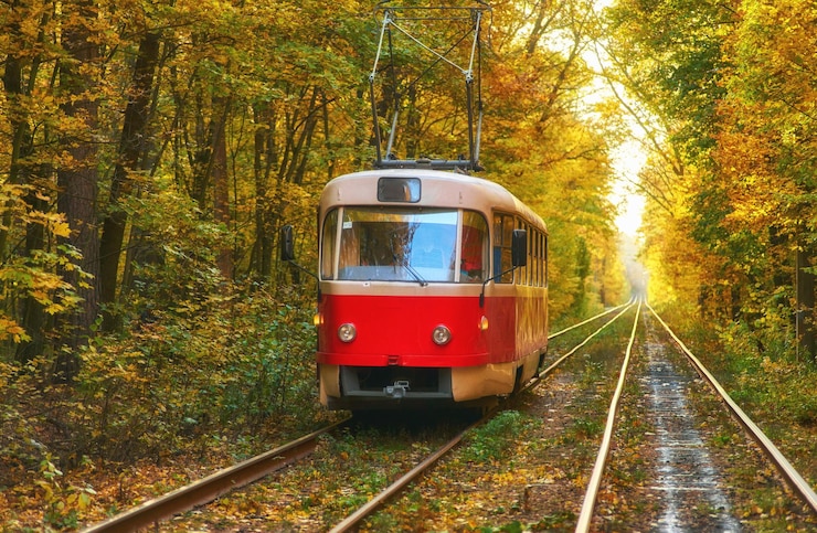 Bezpłatny plik Zdjęcie tramwaj z pasażerami odjeżdża z przystanku w mieście wczesnym rankiem