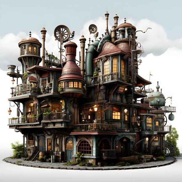 Bezpłatne zdjęcie trójwymiarowa ilustracja fantazyjnego domu z bajki w fantazyjnym krajobrazie