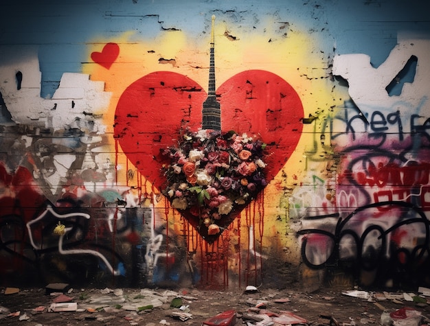 Trójwymiarowy kształt serca namalowany na budynku miejskim