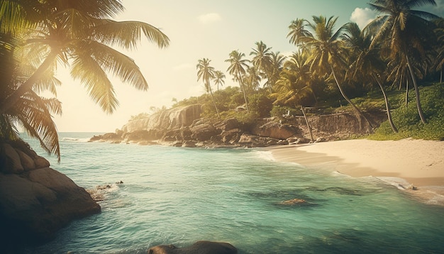 Tropikalna palma o zachodzie słońca, spokojne wody, krawędź generowana przez sztuczną inteligencję