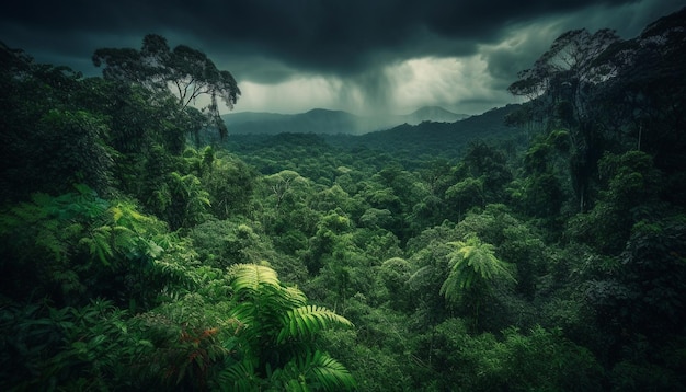 Tropikalna przygoda z zielonym lasem deszczowym w naturze, generowana przez sztuczną inteligencję