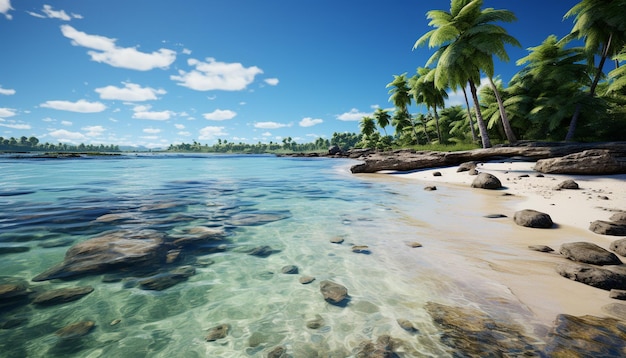 Bezpłatne zdjęcie tropikalne palmy kołysają się przy spokojnej linii brzegowej stworzonej przez sztuczną inteligencję