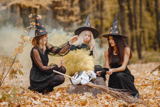 Trzy dziewczyny czarownice w lesie na Halloween. Dziewczyny w czarnych sukienkach i stożkowych kapeluszach. Czarownice robią magiczną miksturę.