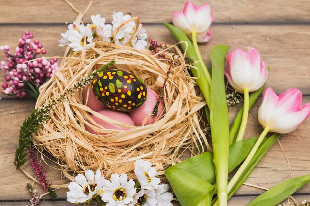 Tulipany blisko gniazdują z Wielkanocnymi jajkami