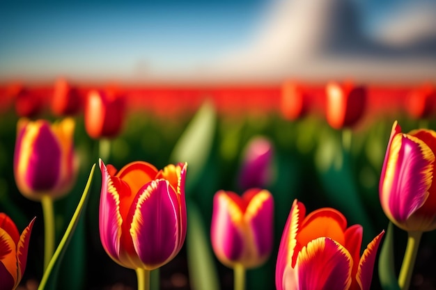 Bezpłatne zdjęcie tulipany na polu z błękitnym niebem w tle