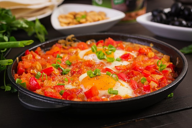 Tureckie śniadanie - shakshuka, oliwki, ser i owoce. Bogaty brunch.