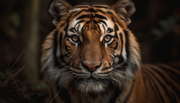 Bezpłatne zdjęcie tygrys bengalski wpatrujący się majestatycznie i niebezpiecznie w dziki las generowany przez sztuczną inteligencję