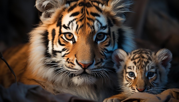 Bezpłatne zdjęcie tygrys, majestatyczny kot w paski, wpatruje się w kamerę generowaną przez sztuczną inteligencję