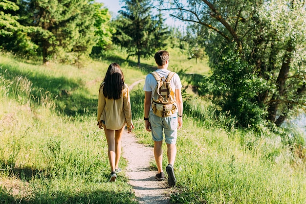 Tylni widok wycieczkuje wpólnie przy outdoors para