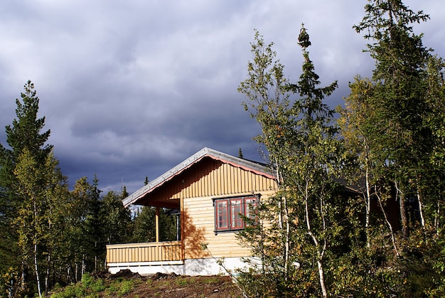 Typowy norweski wiejski domek z zapierającym dech w piersiach krajobrazem i piękną zielenią w Norwegii