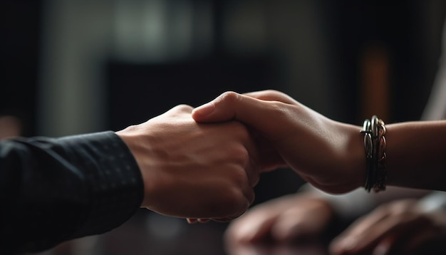 Bezpłatne zdjęcie udany biznesowy uścisk dłoni między dwoma współpracownikami w biurze korporacyjnym generowany przez sztuczną inteligencję