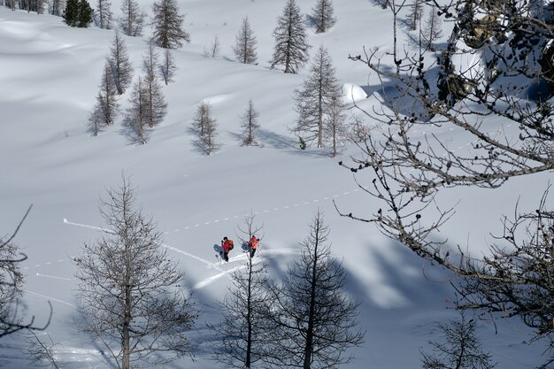 Ujęcie góry pokryte śniegiem, ludzie piesze wycieczki w Col de la Lombarde Isola 2000 we Francji