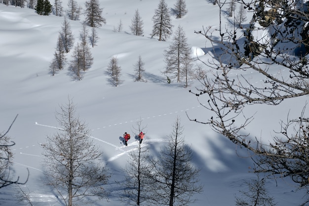 Ujęcie góry pokryte śniegiem, ludzie piesze wycieczki w Col de la Lombarde Isola 2000 we Francji