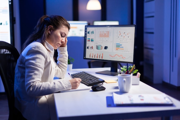 Ujęcie z tyłu przytłoczonej kobiety pracującej w nocy przed komputerem, piszącej notatki na rocznych raportach zeszytu, sprawdzającej termin finansowy
