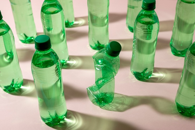 Układ zielonych plastikowych butelek pod wysokim kątem