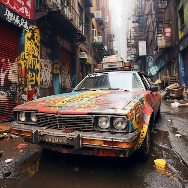 Ulice Nowego Jorku z opuszczonym samochodem