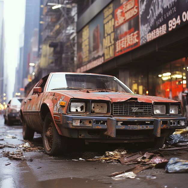Ulice Nowego Jorku z opuszczonym samochodem