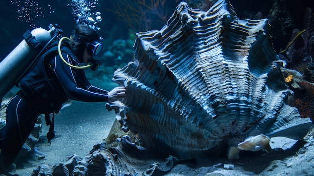 Bezpłatne zdjęcie underwater portrait of scuba diver exploring the sea world