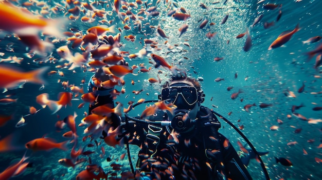 Bezpłatne zdjęcie underwater portrait of scuba diver exploring the sea world