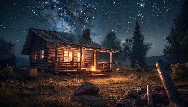 Bezpłatne zdjęcie upiorna chata w ciemnym lesie oświetlona drewnem opałowym generowanym przez sztuczną inteligencję