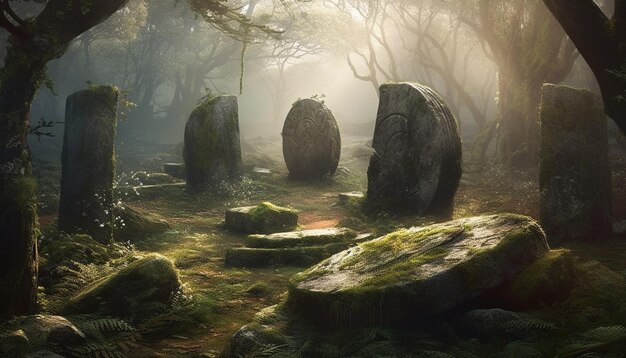 Upiorna mgła spowija tajemniczą scenę starożytnego lasu wygenerowaną przez sztuczną inteligencję