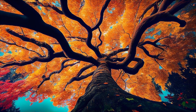 Upiorna sylwetka natury prezentuje żywe kolory jesieni generowane przez sztuczną inteligencję