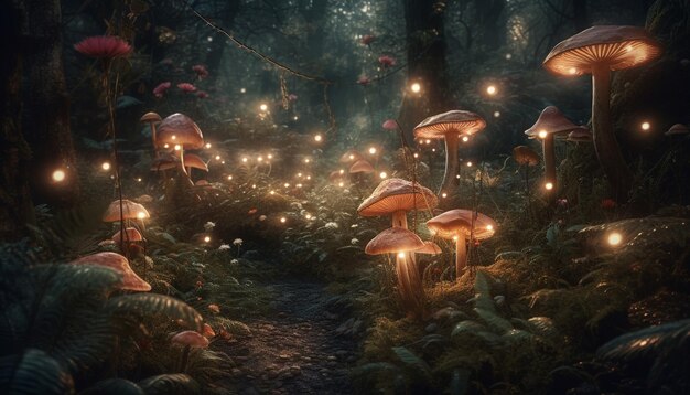 Upiorny las świeci wielokolorowymi grzybami generowanymi przez sztuczną inteligencję