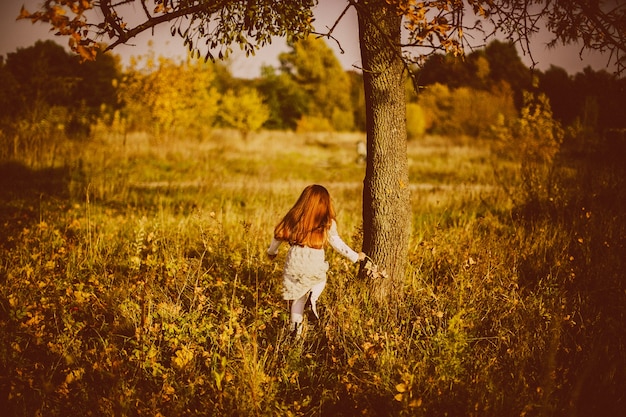 Urocze dziewczynki biegnie w wysokiej trawie jesienią