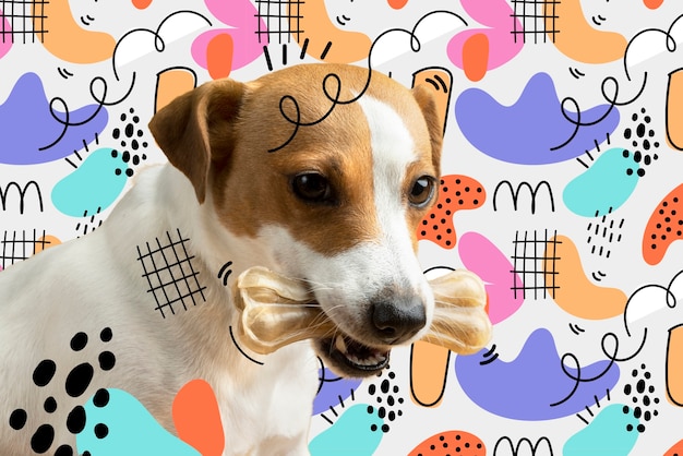 Uroczy pies z abstrakcjonistycznym kolorowym graficznym tłem