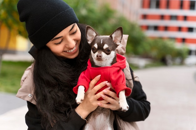 Bezpłatne zdjęcie uroczy piesek chihuahua z właścicielką