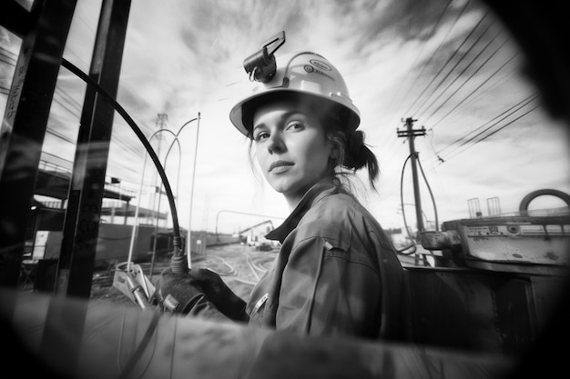 Bezpłatne zdjęcie uroczystość dnia pracy z monochromatycznym widokiem kobiety pracującej w swojej pracy