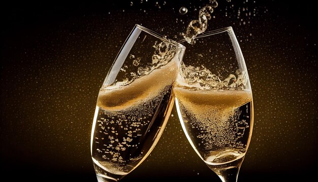 Uroczysty szampan wlewający się do eleganckiego kieliszka do wina rozpryskujący płyn generowany przez sztuczną inteligencję