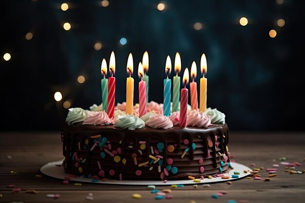 Urodzinowy tort czekoladowy z kolorowymi świeczkami na drewnianym stole i niebieskim tle Ai generatywny