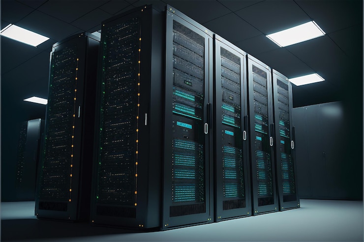 Bezpłatny plik Zdjęcie urządzenia mainframe na stojakach w pokoju z treściami cybernetycznymi big data neonowa lekka szafa serwerowa do przetwarzania w chmurze nowoczesny system sprzętu do przechowywania komunikacji