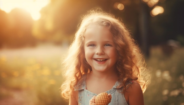 Uśmiechnięta dziewczyna trzyma kwiat, ciesząc się pięknem natury wygenerowanym przez AI